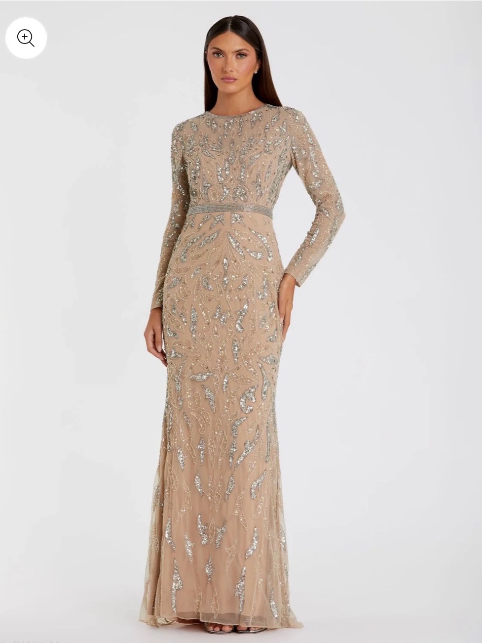 Mac Duggal Nude Sequin Long Sleeve Evening Gown